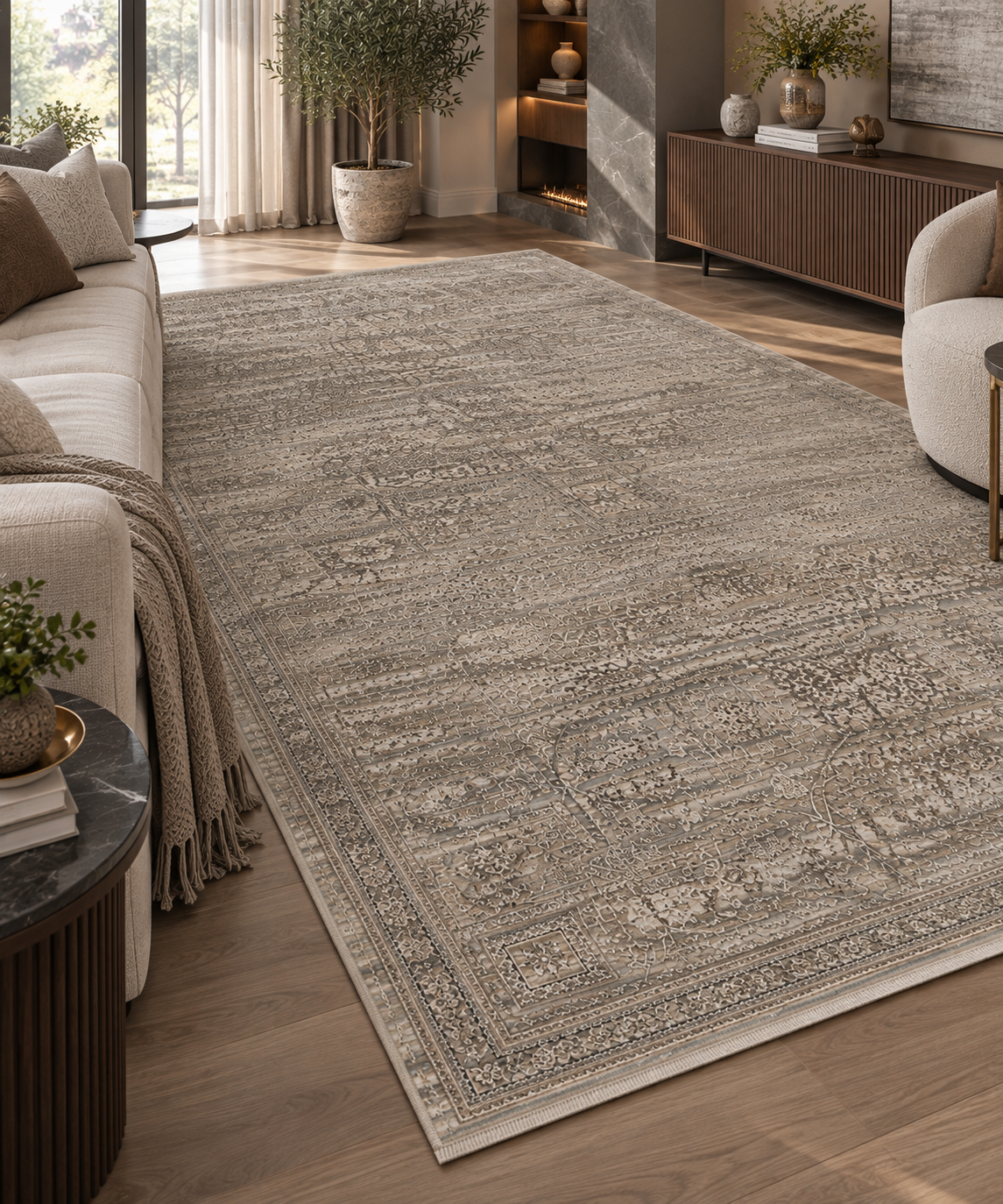Premium Vizon-Taş Bej Eskitme Desenli Halı – 200 × 290 cm.