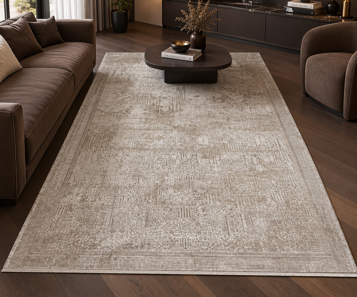 Krem Vizon Kabartma Desenli Modern Halı 200 × 290 cm