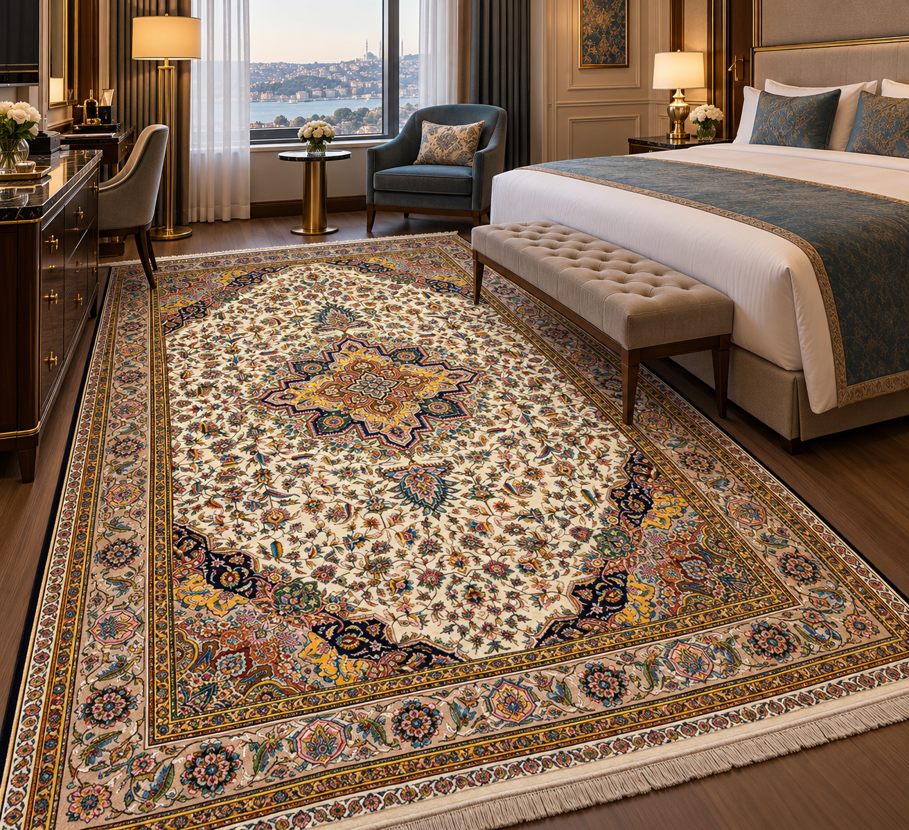 İthal İpek Halı Bej-Krem 200 x 300 El Dokuma