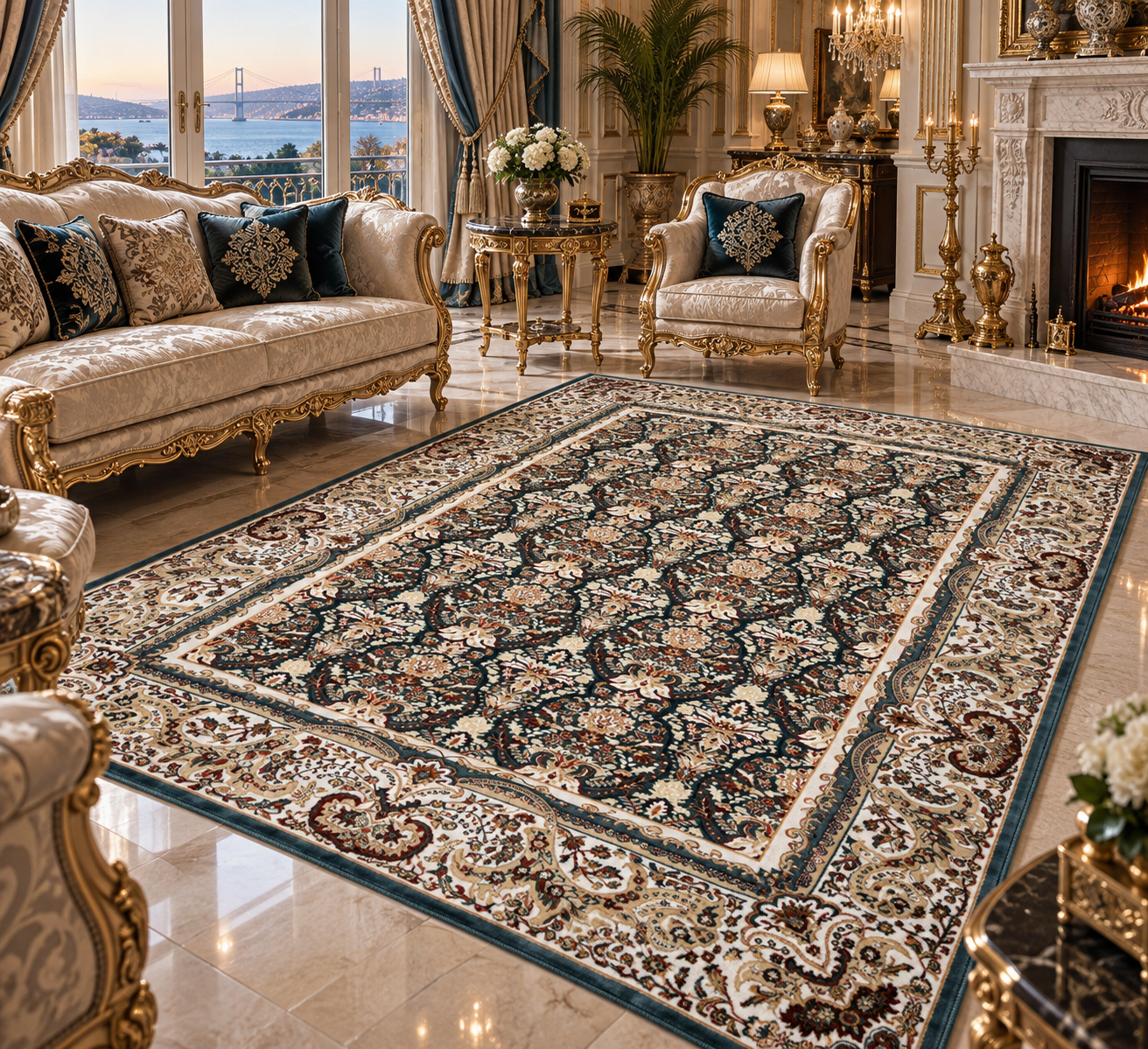 Tajmahal Premium– Petrol Turkuazı Klasik Çiçek Desenli 160 × 230 cm