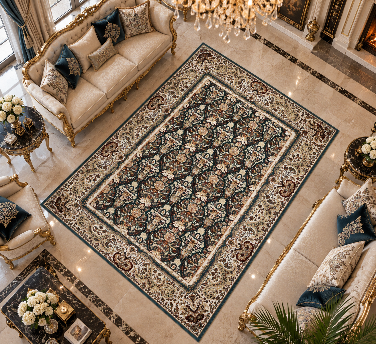 Tajmahal Premium– Petrol Turkuazı Klasik Çiçek Desenli 160 × 230 cm