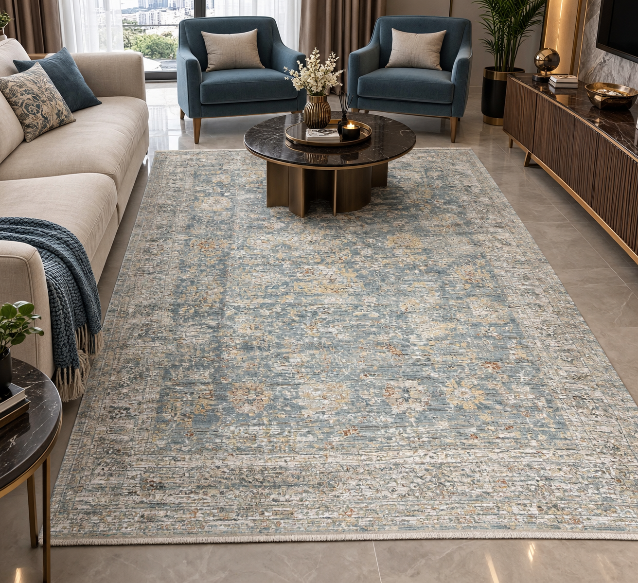 Mavi-Krem-Gold Kabartma Desenli Modern Halı 200 × 290 cm