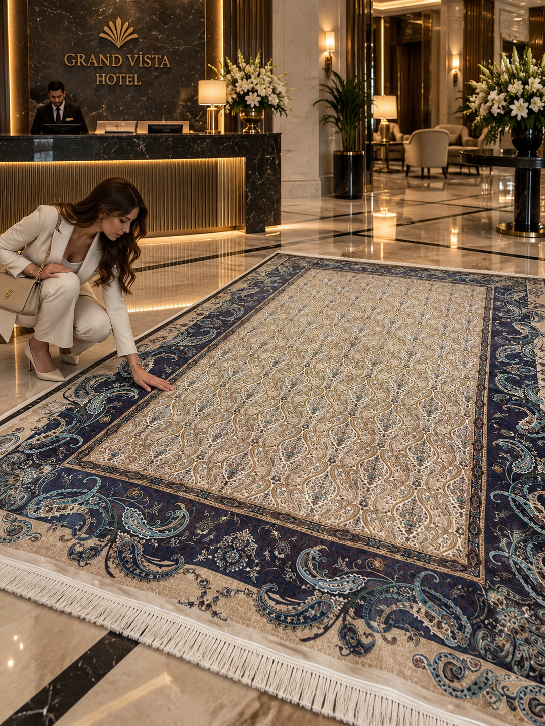 İthal İpek Halı Krem 200 x 300 El Dokuma