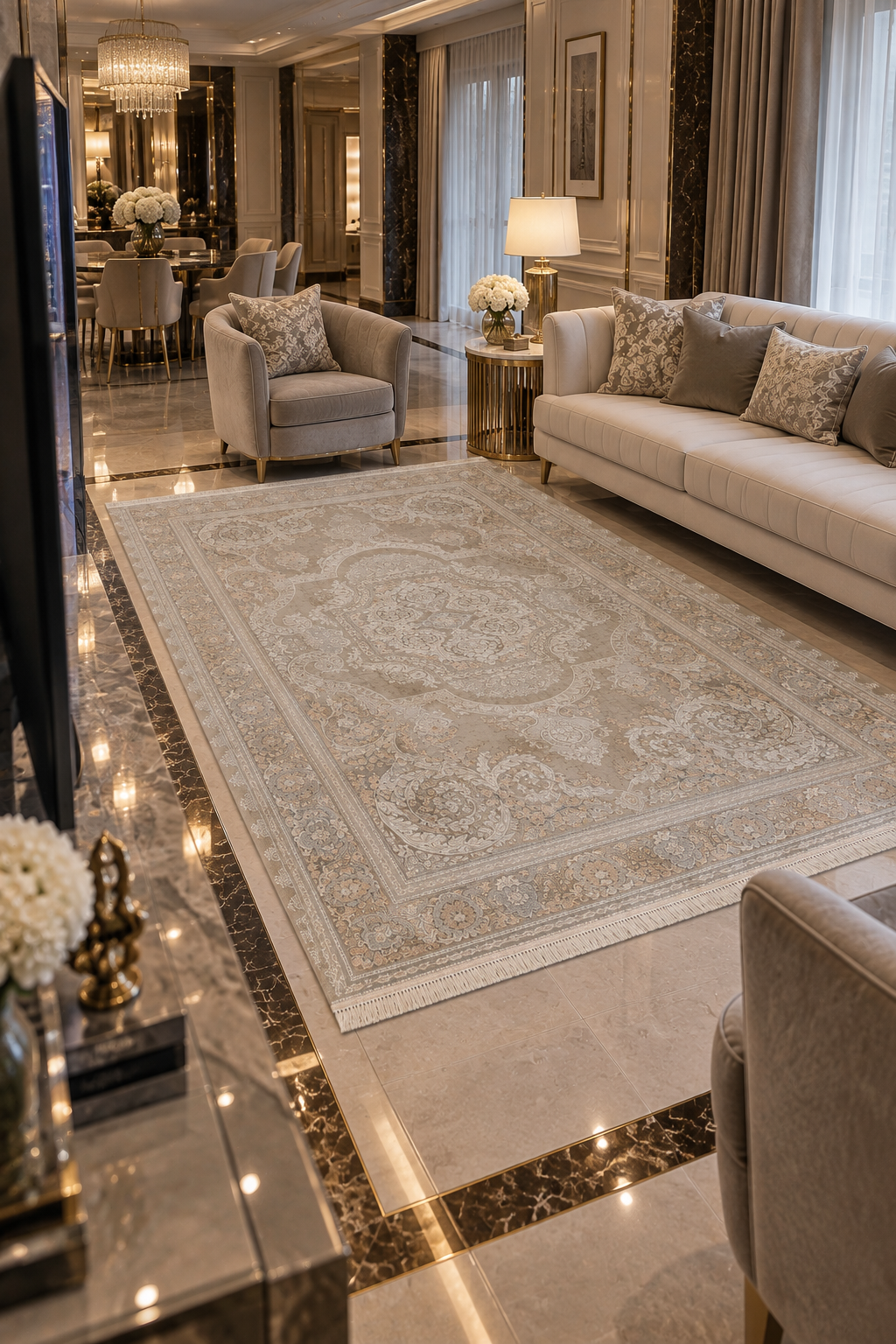 Saray Koleksiyonu 1500 Tarak Bej-Gri Klasik Desenli Halı 145 x 230 CM
