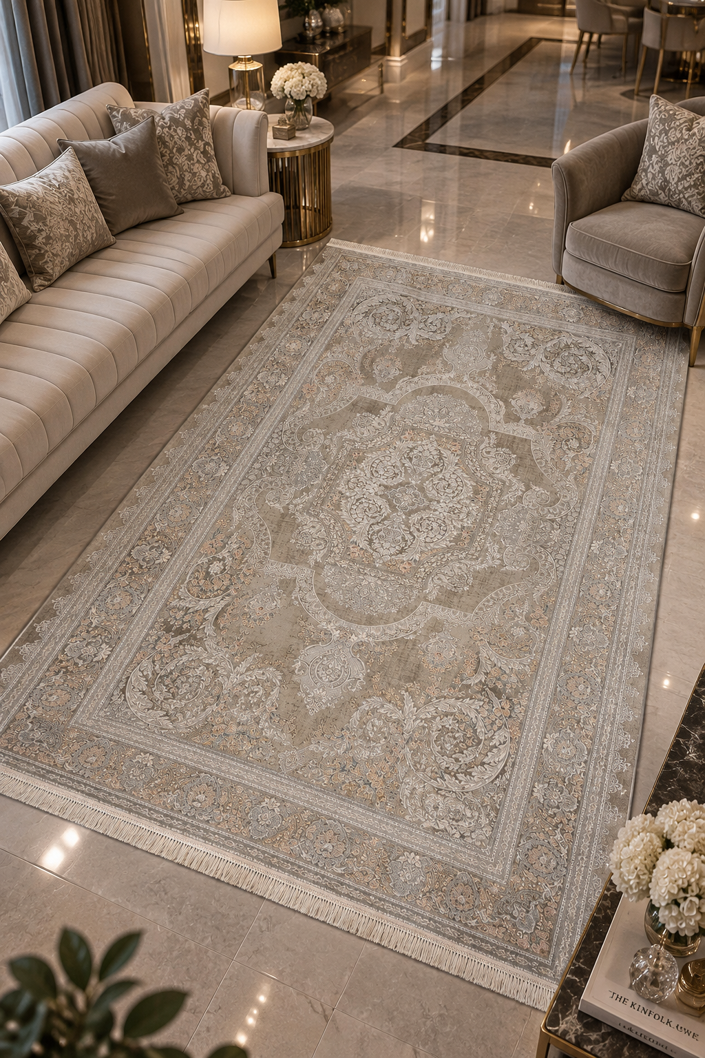 Saray Koleksiyonu 1500 Tarak Bej-Gri Klasik Desenli Halı 145 x 230 CM