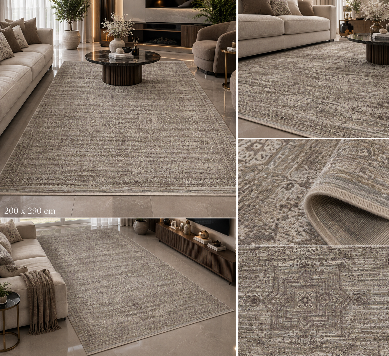 Premium Vizon-Taş Bej Eskitme Desenli Halı – 200 × 290 cm.