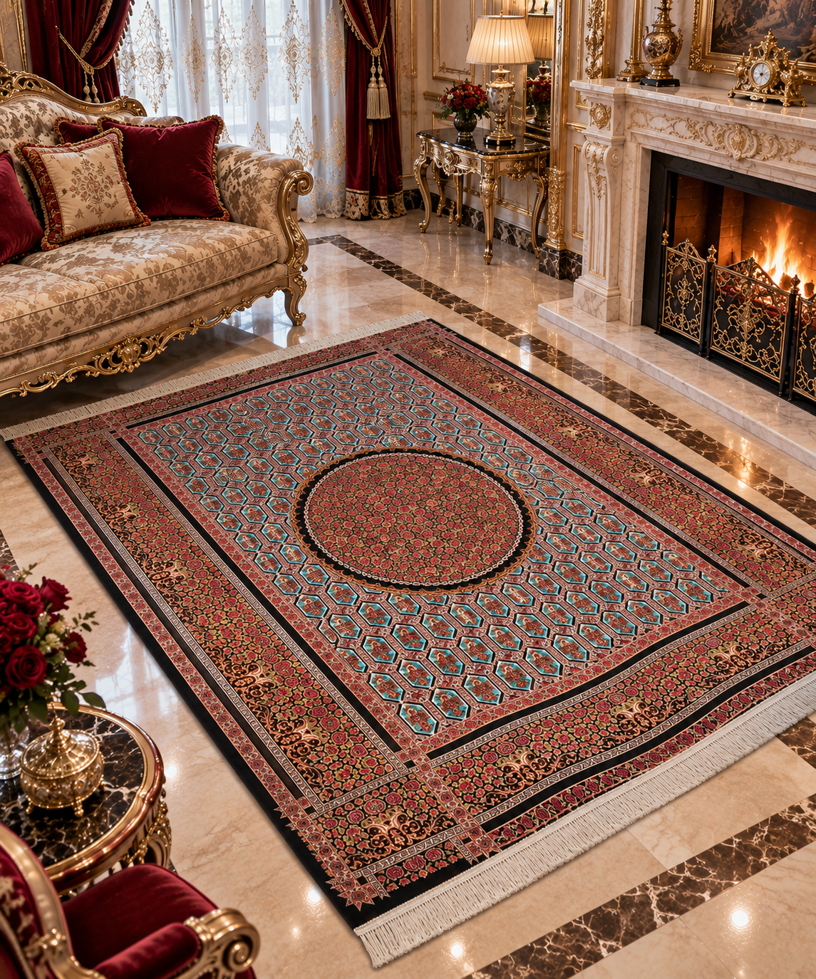 Premium Saray Bahçesi İthal İpek Halı – Gül Kurusu-Siyah-Bordo-Turkuaz 150 × 210 CM