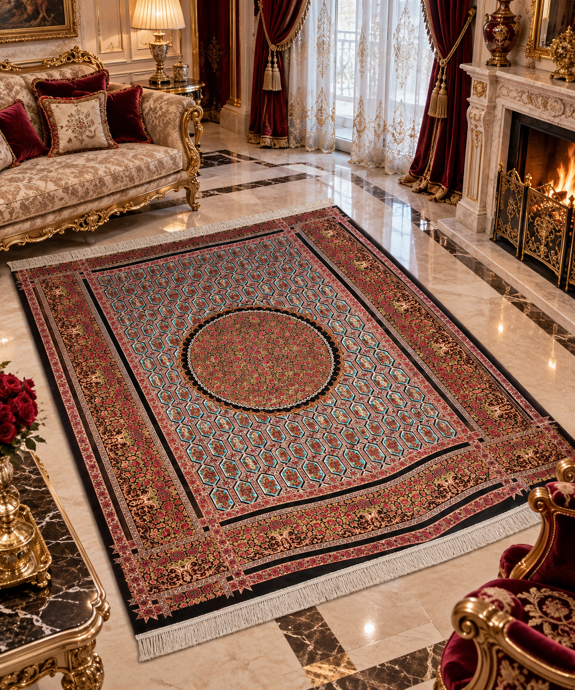 Premium Saray Bahçesi İthal İpek Halı – Gül Kurusu-Siyah-Bordo-Turkuaz 150 × 210 CM