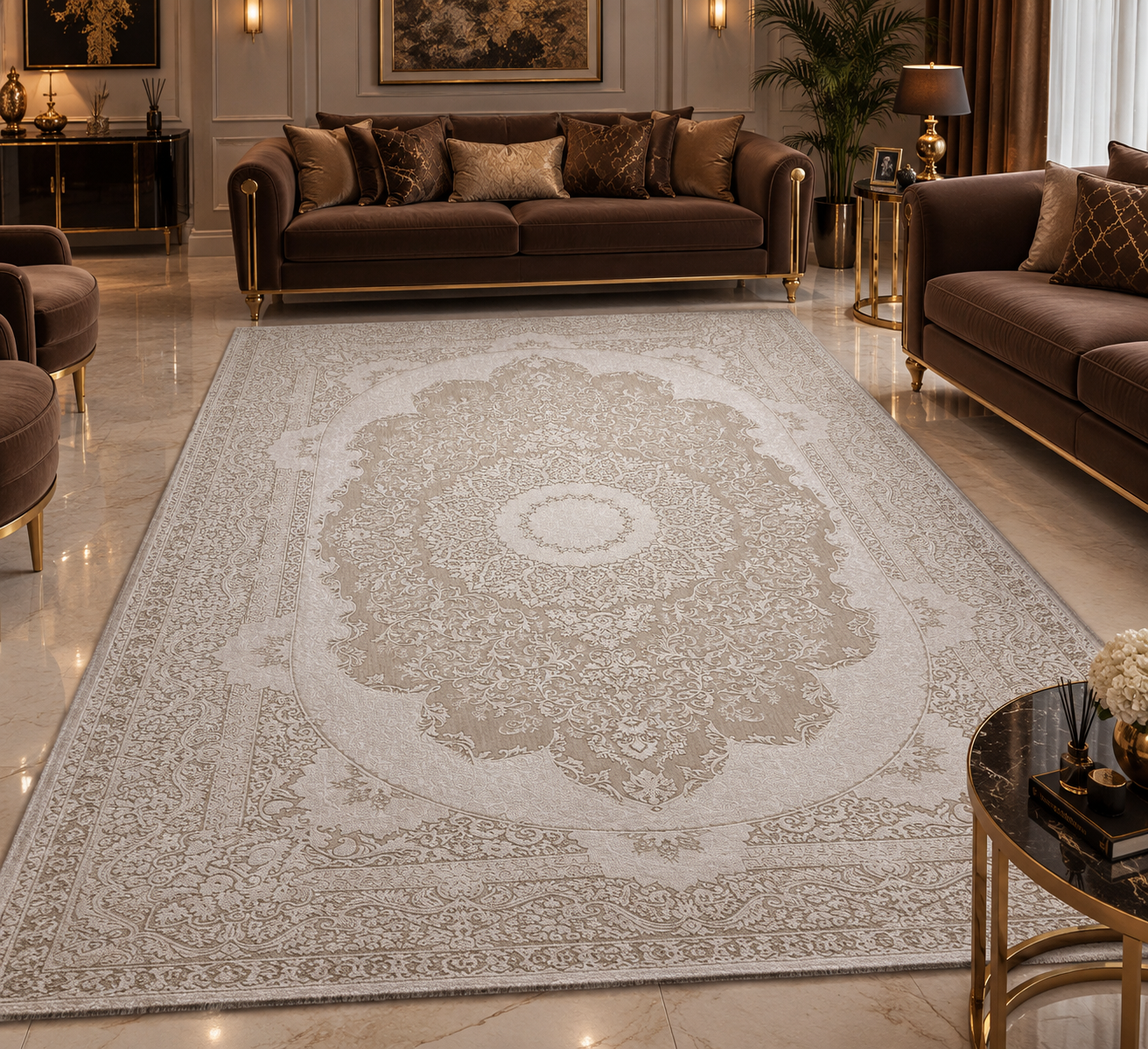 Klasik Desenli Kabartmalı Salon Halısı Krem-Bej 200 × 290 cm