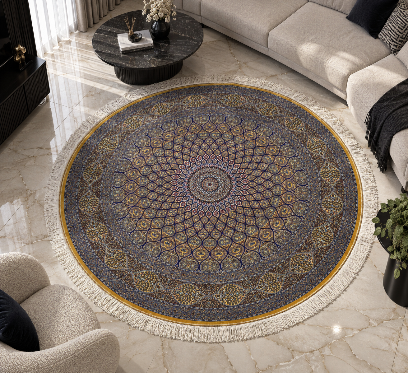 İthal İpek Halı Hardal 150 x 150 El Dokuma