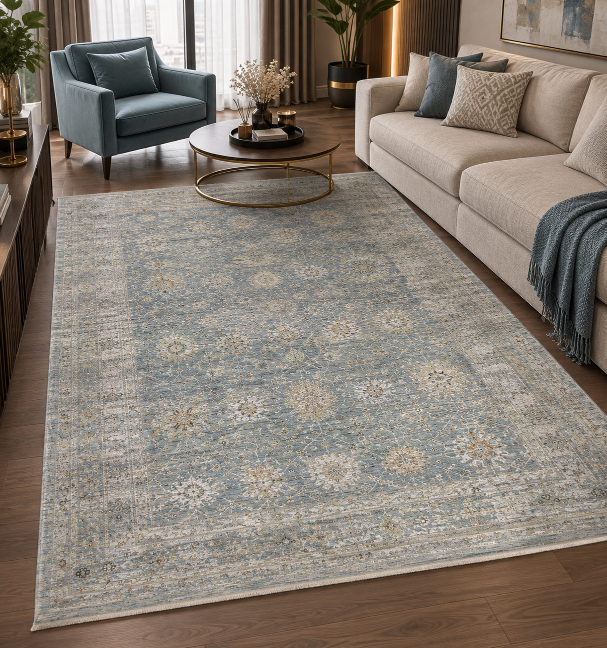 Mavi-Krem-Gold Kabartma Desenli Modern Halı 200 × 290 cm