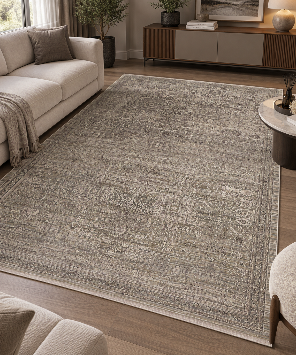 Premium Vizon-Taş Bej Eskitme Desenli Halı – 200 × 290 cm.