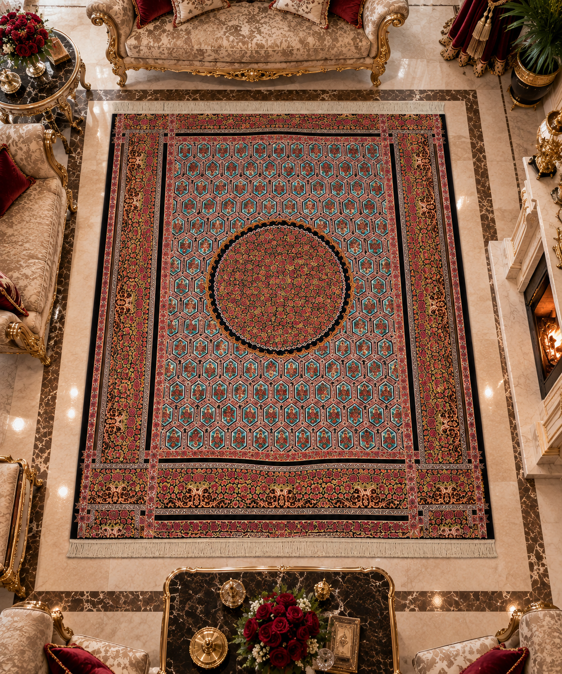 Premium Saray Bahçesi İthal İpek Halı – Gül Kurusu-Siyah-Bordo-Turkuaz 150 × 210 CM