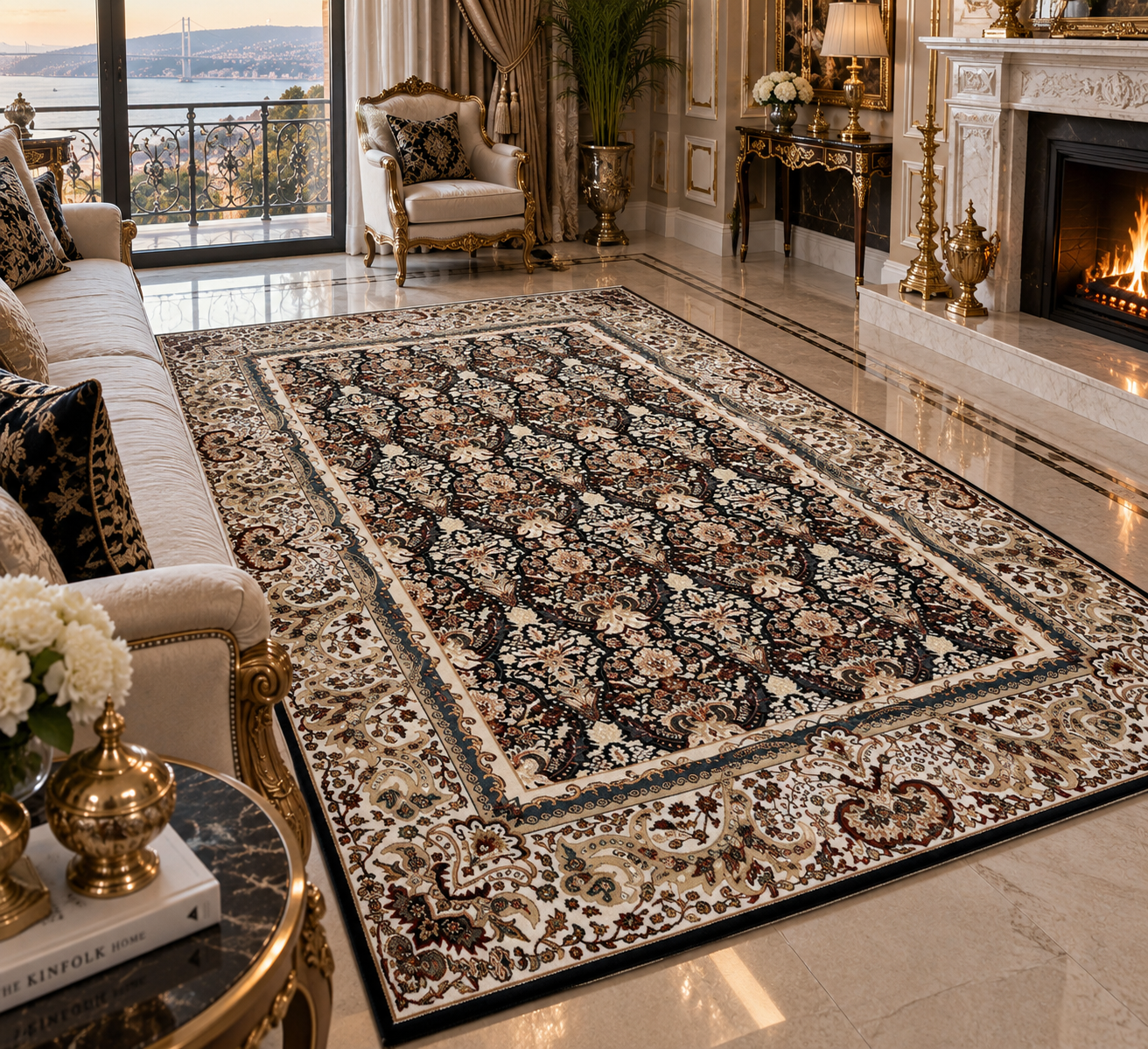 Tajmahal Premium Lacivert-Krem Şal Desenli Halı 160 × 230 CM