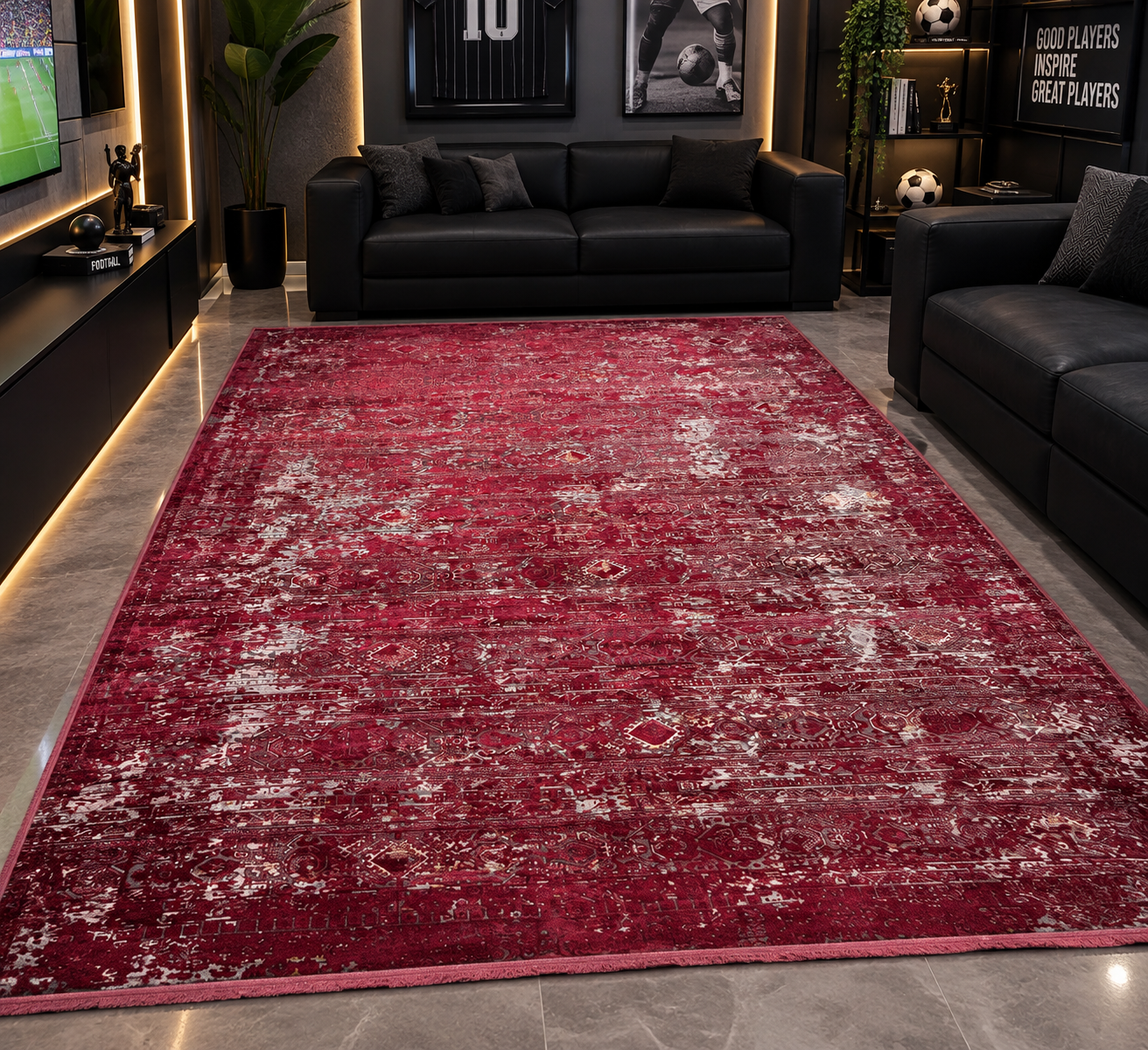 Vintage Eskitme Desenli Kabartmalı Modern Halı Bordo-Antrasit 200 x 290 CM