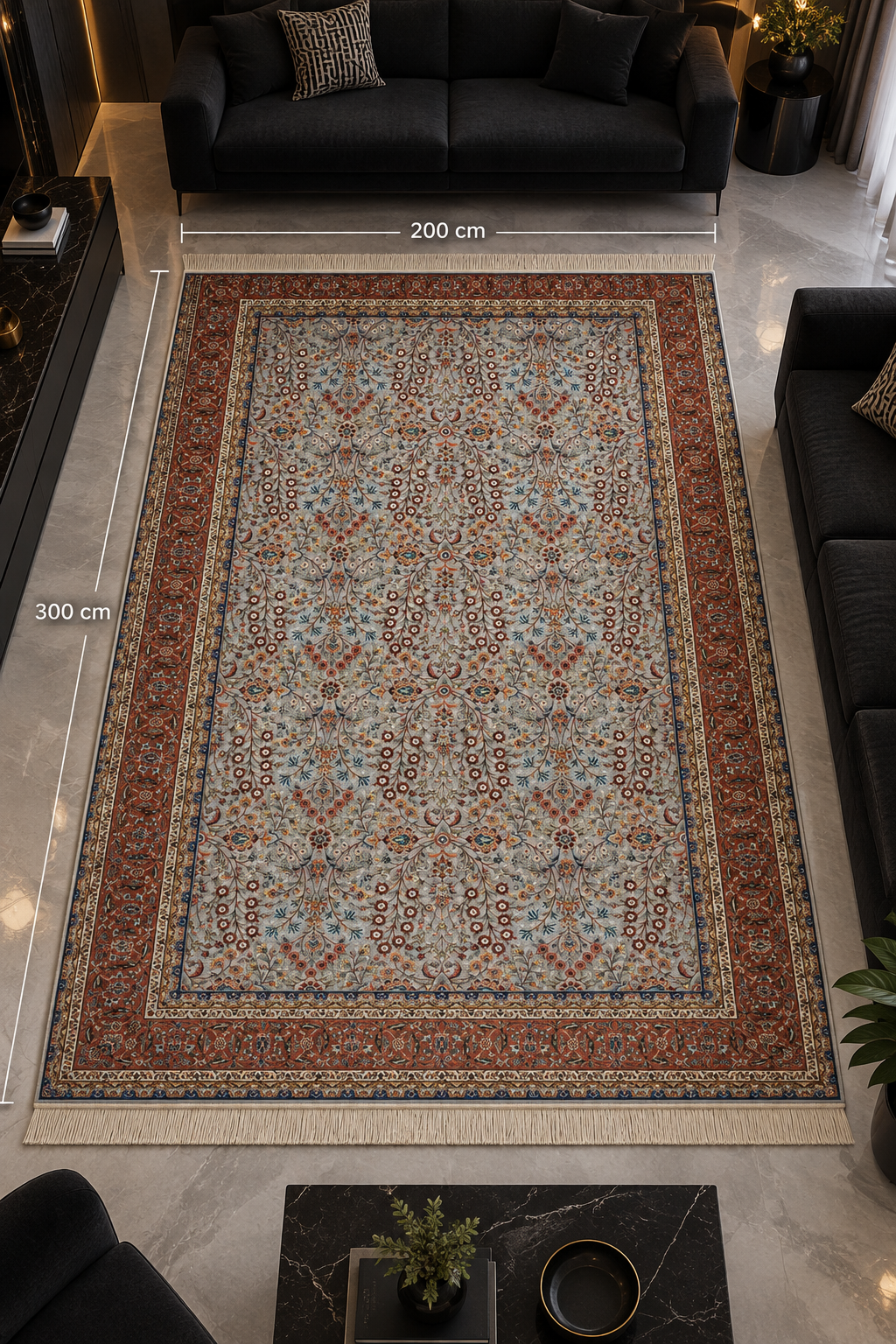 İthal İpek Halı Gri-Pudra 200 x 300 El Dokuma