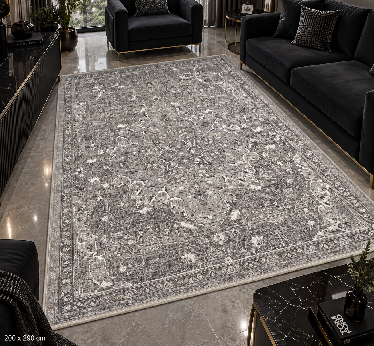 Modern Gri–Antrasit Eskitme Desenli Halı 200×290 cm