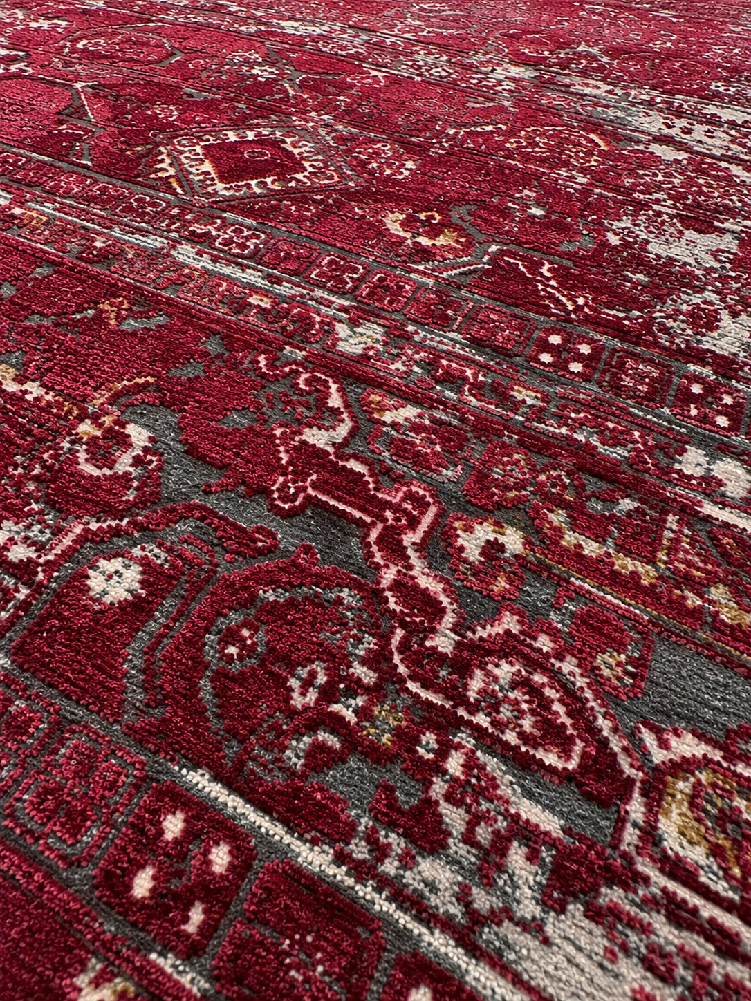 Vintage Eskitme Desenli Kabartmalı Modern Halı Bordo-Antrasit 200 x 290 CM