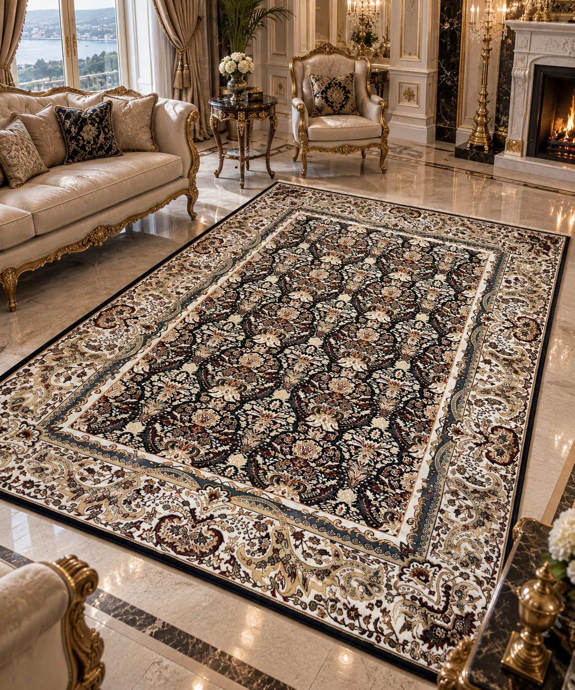 Tajmahal Premium Lacivert-Krem Şal Desenli Halı 160 × 230 CM