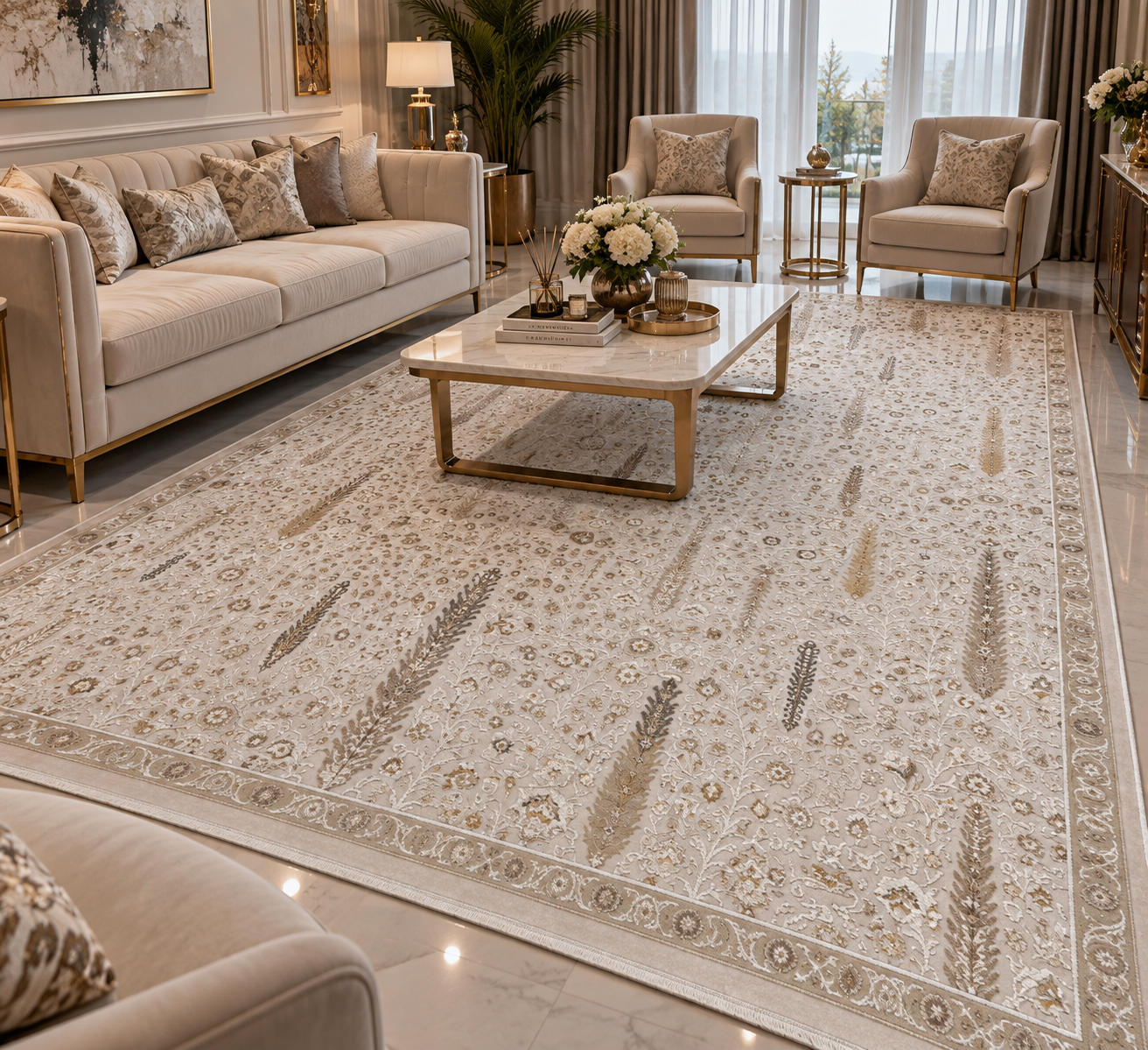 Moder Çiçek Desenli Krem-Gold-Vizon Halı 200 x 290 CM